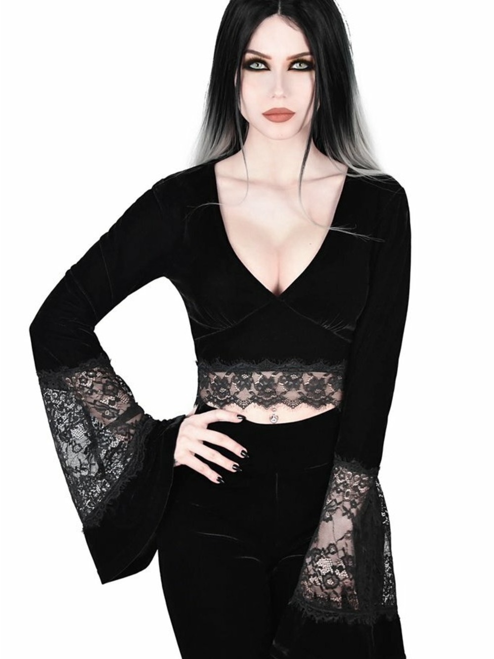 LAST CHANCE! Black Velvet Bell Sleeve crop top and pants XL - Picture 2 of 5
